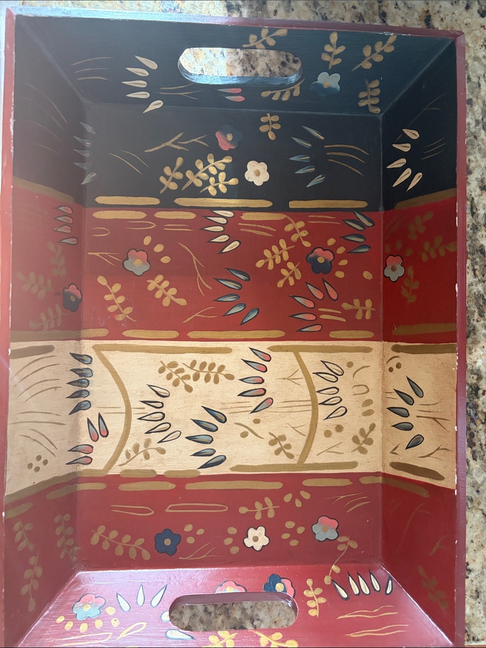Pier 1 Red Black and Gold Hand-Painted Floral Serving Tray